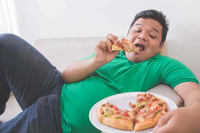 A Man Eating Pizza On A Sofa