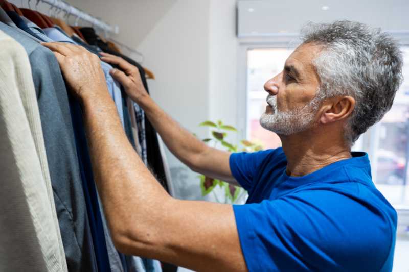 An Older Man Selecting Clothes From A Rack